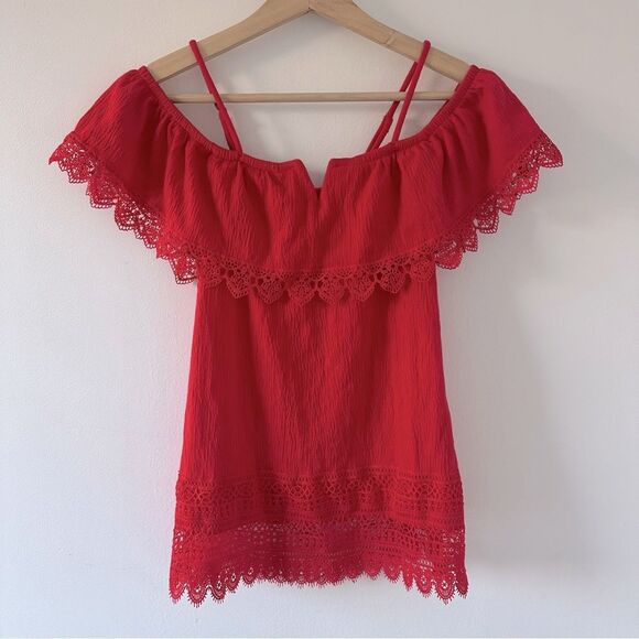 No Boundaries Red Top Small Off The Shoulder Lace Bohemian Romantic Flirty Boho - Picture 2 of 3